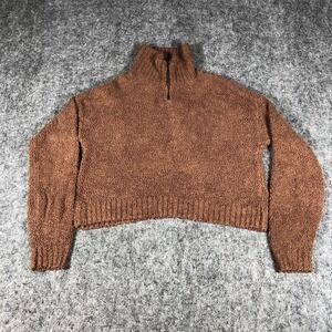 Hollister‎ Womens XS Brown Fuzzy Mock Neck Half Zip Cropped Sweater